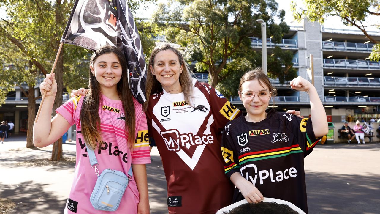 Pathers fans Sarah Stone and her daughters Sasha Stone (left) and Savannah Stone at the NRL Grand Final at Accor Stadium, Sydney Olympic Park. Picture: NewsWire / Jonathan Ng