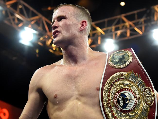 BRISBANE, AUSTRALIA - JUNE 29: Liam Wilson celebrates victory after his bout with Matias Rueda during the Super Featherweight bout between Liam Wilson and Matias Carlos Adrian Rueda at Brisbane Convention & Exhibition Centre on June 29, 2022 in Brisbane, Australia. (Photo by Albert Perez/Getty Images)
