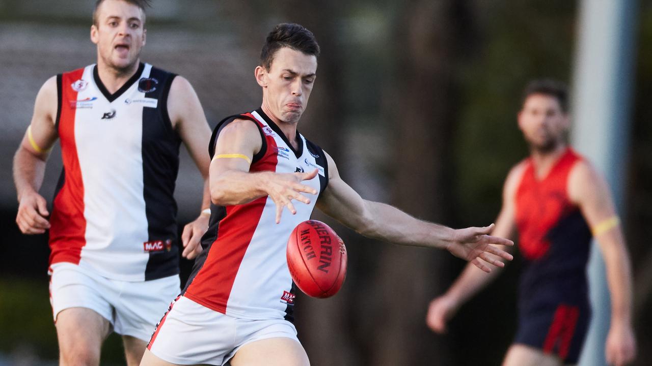 Christie's Beach's Aidan Coakley kicks a goal for his team against Flagstaff Hill at Flagstaff Hill Oval. Picture: MATT LOXTON