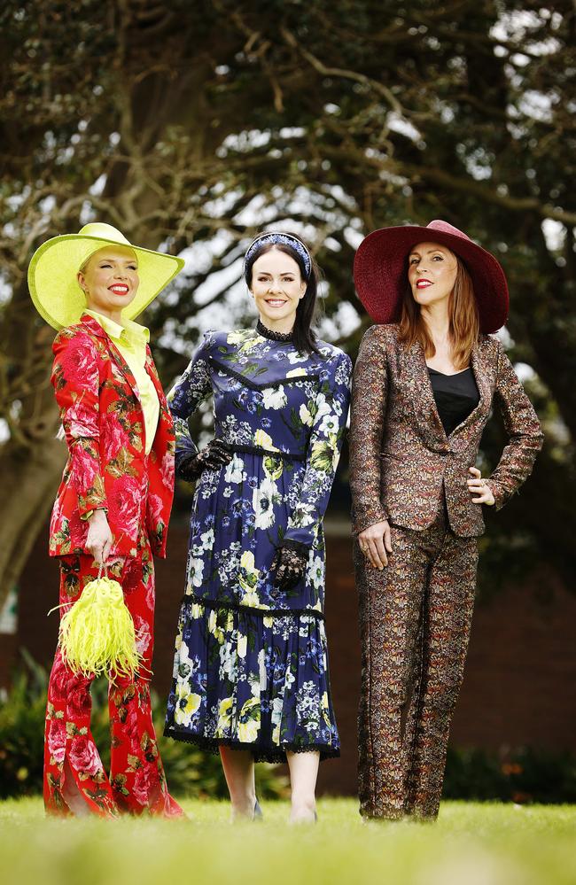 L to R: Milliners Stacey Hemera Roberts, Viktoria Novak and Ann Shoebridge step out on Royal Randwick in hat-to-toe style. Picture: Sam Ruttyn