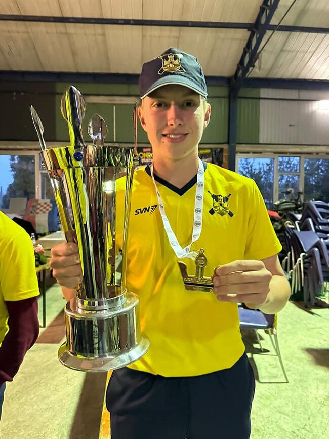 Braithyn Pecic with his first international trophy.