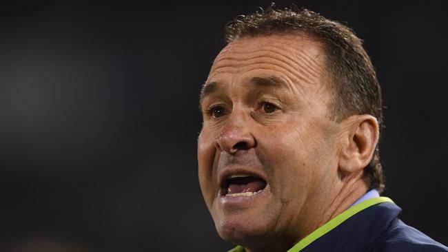Raiders coach Ricky Stuart reacts during the Round 8 NRL match between the Canberra Raiders and the Manly-Warringah Sea Eagles at GIO Stadium in Canberra, Friday, April 21, 2017. (AAP Image/Lukas Coch) NO ARCHIVING, EDITORIAL USE ONLY