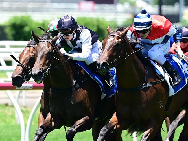 Tony Gollan trained filly Formula Rossa, wearing the black and white Black Soil Bloodstock colours, scores at Eagle Farm on Saturday to all but seal her spot in the Gold Coast Magic Millions 2YO Classic. Picture: Grant Peters, Trackside Photography.