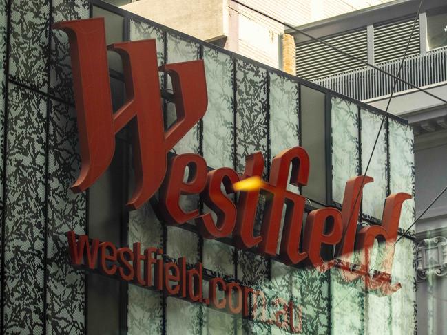 SYDNEY, AUSTRALIA - NewsWire Photos FEBRUARY 07, 2021: A view of the Westfield logo viewed from Pitt Street mall in SydneyÃs CBD. Picture: NCA NewsWire / Jenny Evans