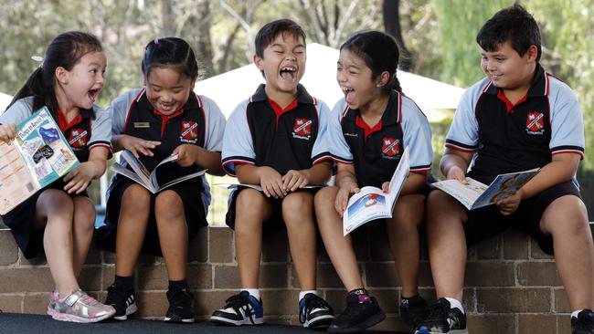 Claymore Public School’s Malia Sheills, Jorja Chanco, Jaxon McCabe, Ariya Badgette and Braxton Lane. Picture: Jonathan Ng