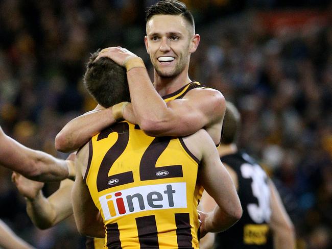 AFL 2nd Prelim Final,  Hawthorn v Port Adelaide at MCG, Jack Gunston celebrate's a goal with Luke Breust. 20th September 2014. Picture : Colleen Petch.