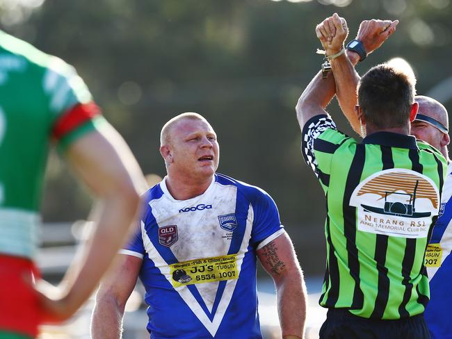 Action from the 2013 Bycroft Cup rugby league preliminary final between the Tugun Seahawks and the Bilambil Jets, held at Boyd Street Oval, Tugun. The referees place Tugun's Anthony Watts on report.