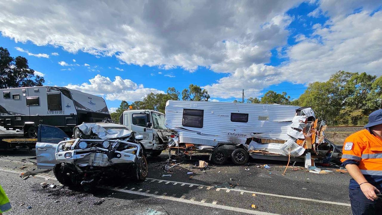 Smashed 4WD and caravan from the scene of the Bruce Highway crash at Bajool.