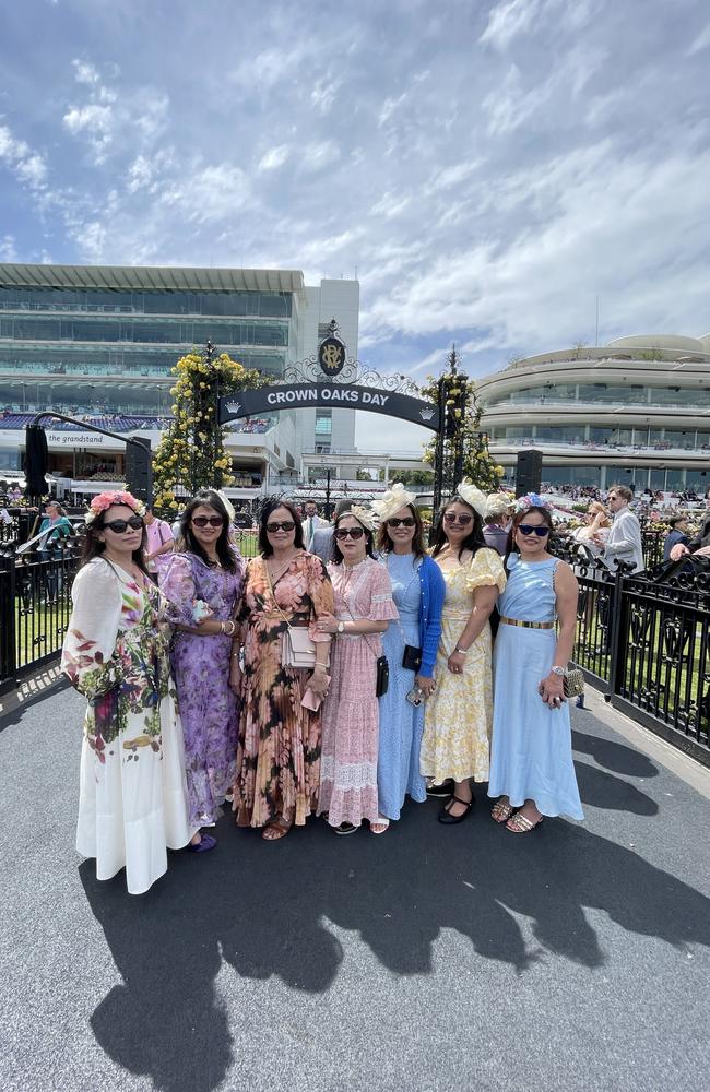 Vicky, Bo, Kim, Linda, Lyn, Thavy, Kim Heng and Kimme Te at the 2024 Crown Oaks Day, held at Flemington Racecourse. Picture: Gemma Scerri