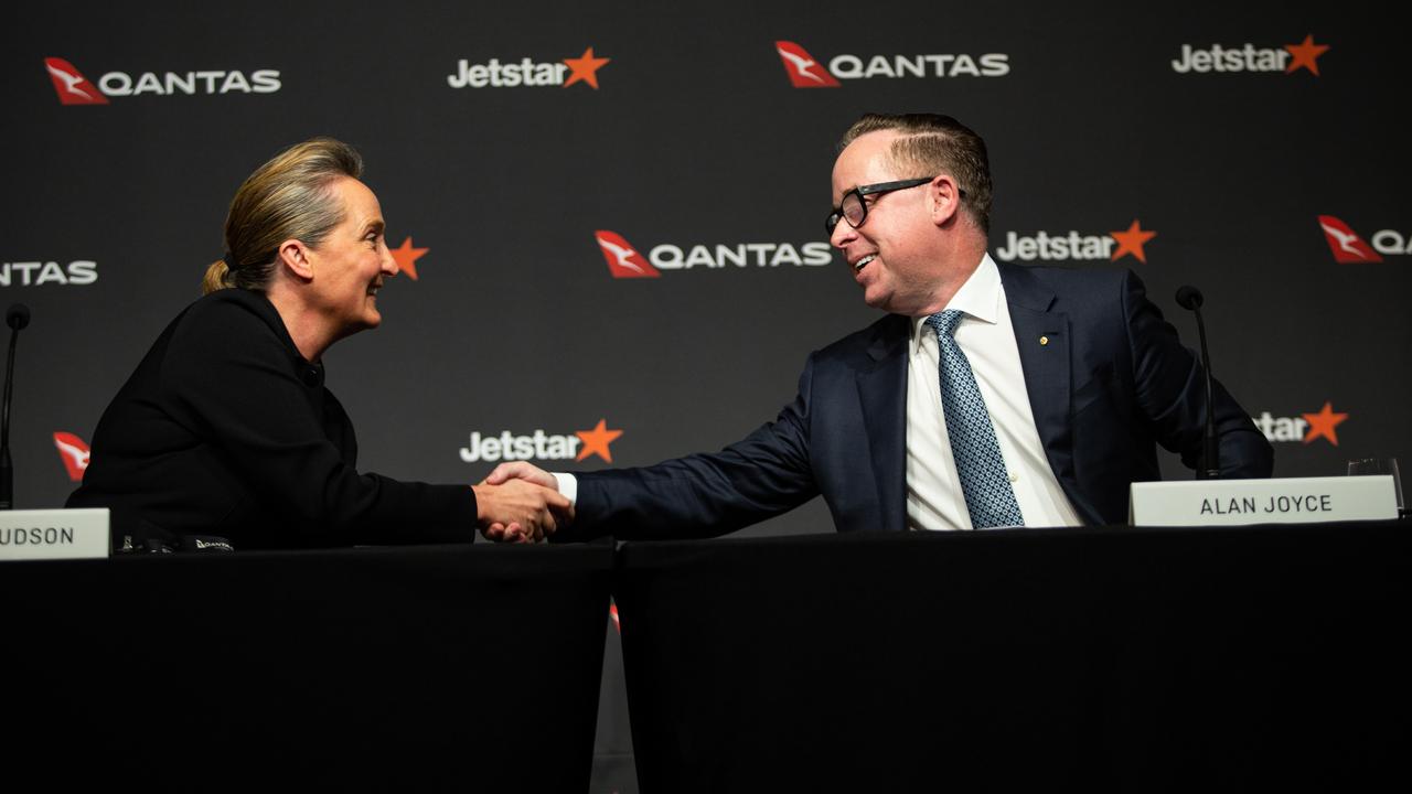 Vanessa Hudson and Alan Joyce last year at the Qantas Group announcement of its full year results for the 2023 financial year. Picture: NCA NewsWire / Christian Gilles