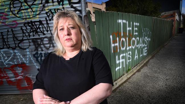 Aliza Shuvaly was deeply shocked and distressed when she arrived at her Chadstone eatery to discover the anti-Semitic message and swastika. Picture: Tony Gough