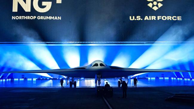 The B-21 Raider is unveiled during a ceremony at Northrop Grumman's Air Force Plant 42 in Palmdale, California.