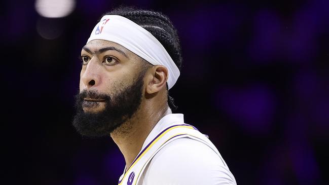 PHILADELPHIA, PENNSYLVANIA - DECEMBER 09: Anthony Davis #3 of the Los Angeles Lakers looks on during overtime against the Philadelphia 76ers at Wells Fargo Center on December 09, 2022 in Philadelphia, Pennsylvania. NOTE TO USER: User expressly acknowledges and agrees that, by downloading and or using this photograph, User is consenting to the terms and conditions of the Getty Images License Agreement. (Photo by Tim Nwachukwu/Getty Images)
