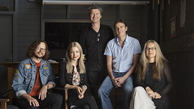 The creative team for Sydney Theatre Company’s <i>Muriel’s Wedding</i>, from left, composers Keir Nuttall and Kate Miller-Heidke, director Simon Phillips, writer PJ Hogan and costume designer Gabriela Tylesova. Picture: James Green.