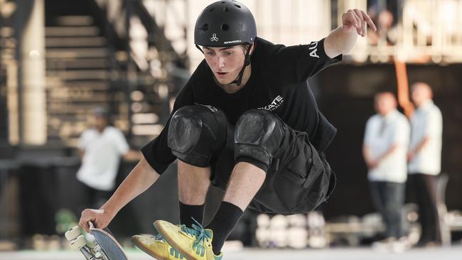 Keefer Wilson of Australia competes during Skateboarding Men's Park Semifinal on day three of the Olympic Qualifier Series Shanghai. Picture: Zhe Ji