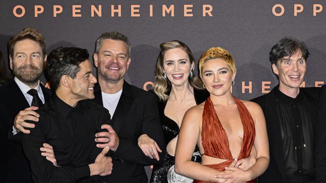 (L-R) Kenneth Branagh, Rami Malek, Matt Damon, Emily Blunt, Florence Pugh and Cillian Murphy attend the Oppenheimer UK Premiere at Odeon Luxe Leicester Square.