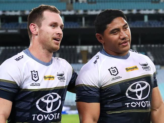 SYDNEY, AUSTRALIA - MARCH 19: Michael Morgan of the Cowboys and Jason Taumalolo of the Cowboys leave the field after winning the round 2 NRL match between the Canterbury Bulldogs and the North Queensland Cowboys at ANZ Stadium on March 19, 2020 in Sydney, Australia. Due to the COVID-19 virus outbreak, the fixture is the first top-level Sydney rugby league match played in 112 years where fans are locked out of the ground. This is due to a NSW Public Health Order prohibiting outdoor events with more than 500 people. (Photo by Cameron Spencer/Getty Images)