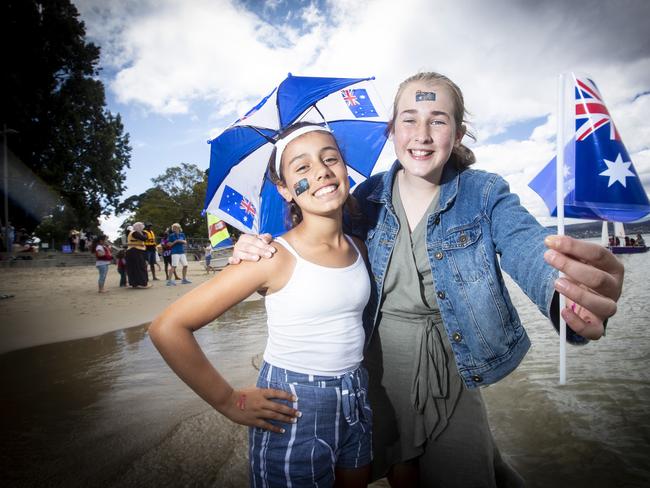 Anthea Kantar, 11 and Chloe Pringle-Jones, 12 at the Sandy Bay Regatta on Australia Day. Picture: LUKE BOWDEN