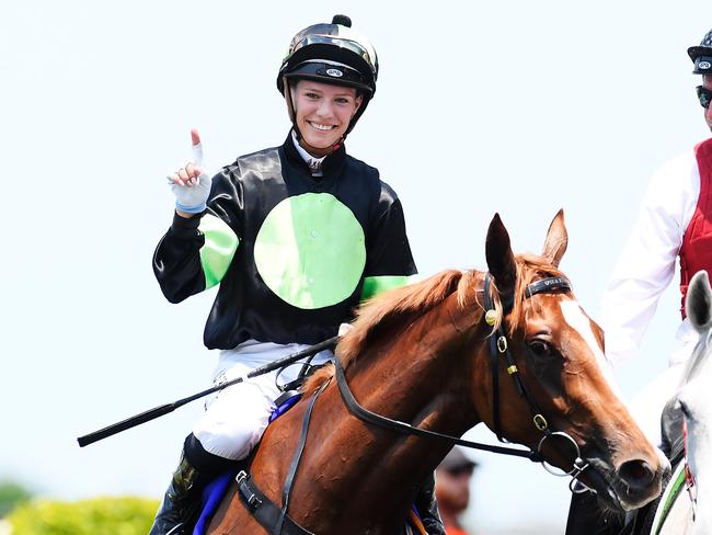 Stephanie Thornton rides Gotta Kiss in the 2YO Classic. Picture: AAP