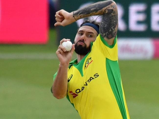 Australia's Kane Richardson bowls during the international Twenty20 cricket match between England and Australia at the Ageas Bowl in Southampton, southern England on September 8, 2020. (Photo by Glyn KIRK / POOL / AFP) / RESTRICTED TO EDITORIAL USE. NO ASSOCIATION WITH DIRECT COMPETITOR OF SPONSOR, PARTNER, OR SUPPLIER OF THE ECB