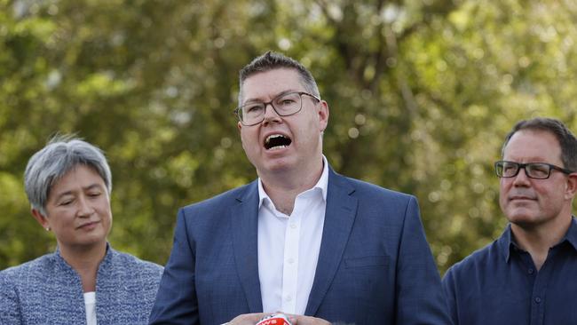 FEDERAL ELECTION TEAM 2022. LABOR BUS TOUR 26/4/2022 - Pictured in Darwin this morning is Shadow Minister for International Development and the Pacific Pat Conroy speaking during a press conference with Shadow Minister for Foreign Affairs Penny Wong, Shadow Minister for Defence Brendan O'Connor, and Local Member for Solomon Luke Gosling. Picture: Tim Hunter.