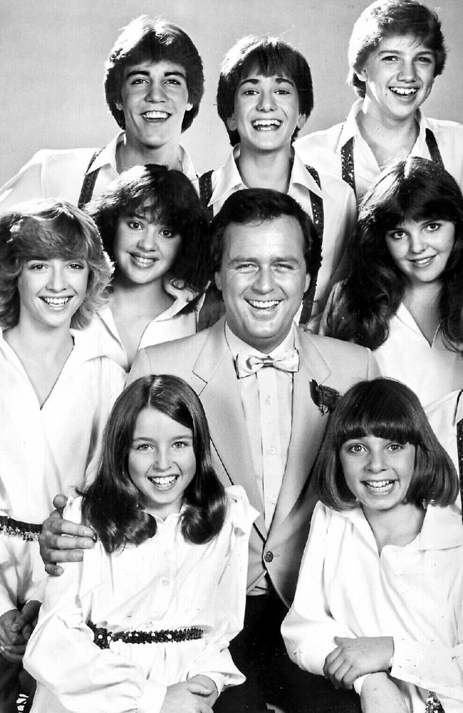 Young Talent Time host Johnny Young with the cast. Clockwise from bottom left: Danielle (Dannii) Minogue, Karen Dunkerton, Tina Arena, Bobby Driesson, Joey Perrone, Michael Campbell, Jodie Loebert, Mark McCormack &amp; Katie Van Ree.