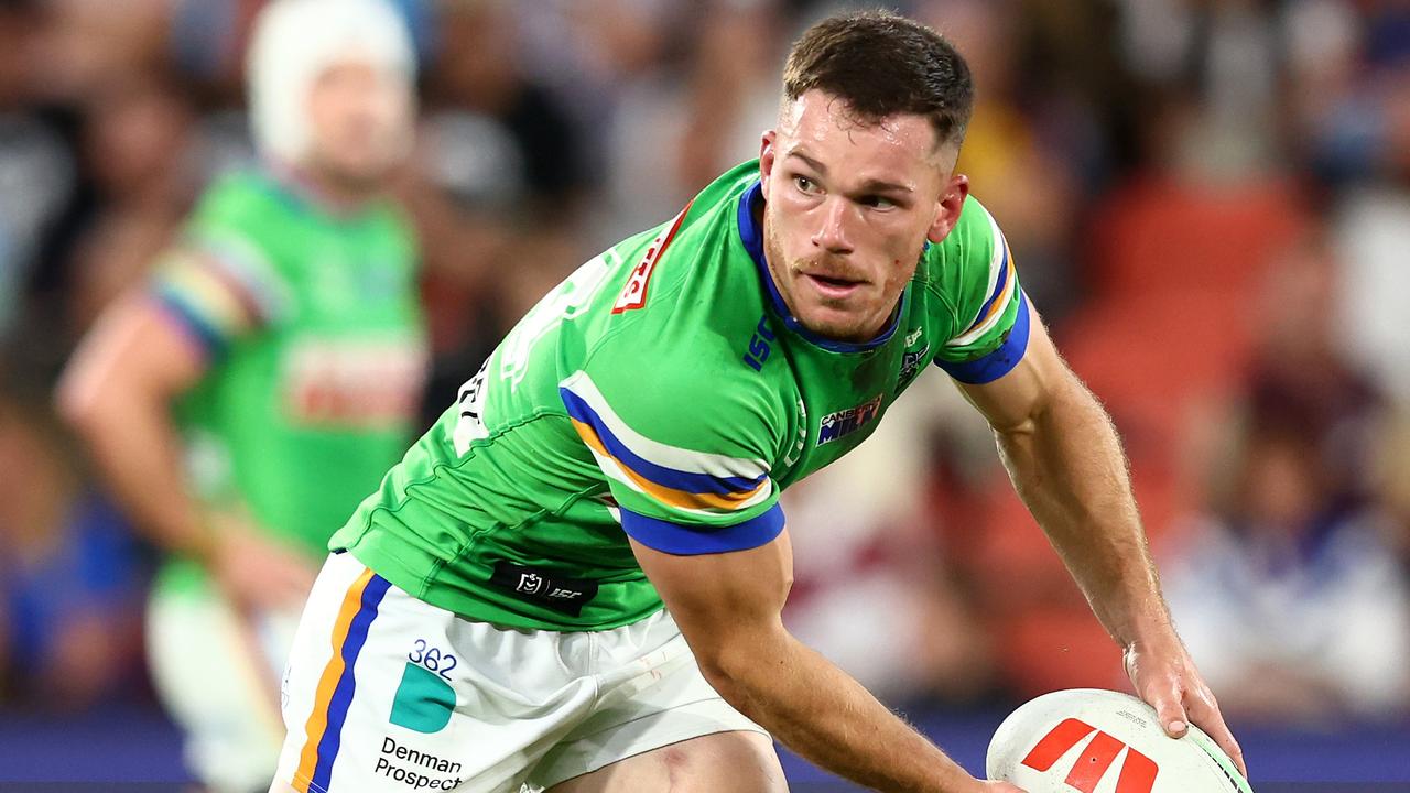 BRISBANE, AUSTRALIA - MAY 05: Tom Starling of the Raiders offloads the ball during the round 10 NRL match between Canterbury Bulldogs and Canberra Raiders at Suncorp Stadium on May 05, 2023 in Brisbane, Australia. (Photo by Chris Hyde/Getty Images)