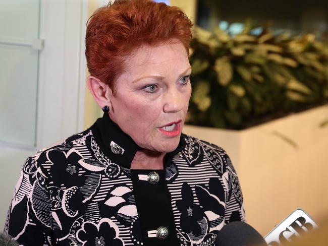 Senator Pauline Hanson during a doorstop at Parliament House in Canberra. Picture Gary Ramage