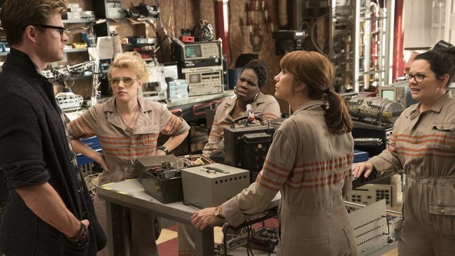 Ghostbusters Holtzmann (Kate McKinnon), Patty (Leslie Jones), Erin (Kristen Wiig) and Abby (McCarthy) with their intellectually-challenged receptionist Kevin (Hemsworth). (Picture: Sony)