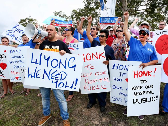 Protesters outside Wyong Hospital rallied against the State Government's plans to privatise the hospital earlier this year. Picture: Peter Clark