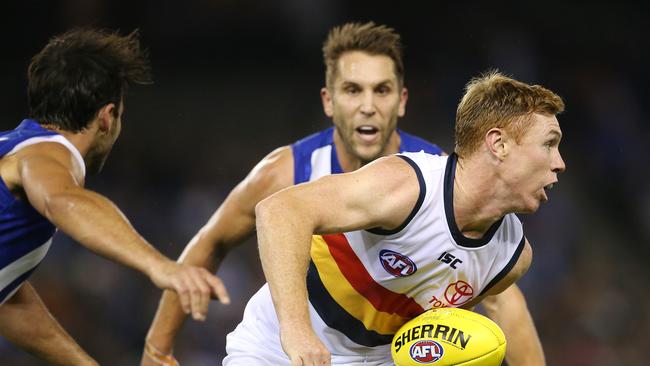 Adelaide's Tom Lynch looks for a teammate in the loss against North Melbourne. Picture: Michael Klein