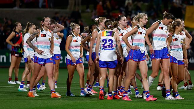 The Bulldogs look dejected after the heavy defeat. (Photo by Michael Willson/AFL Photos via Getty Images)