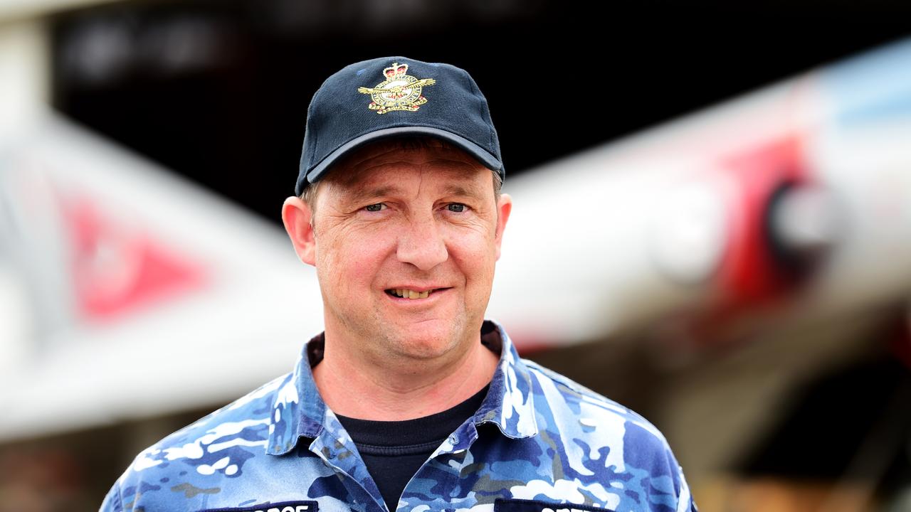 Two restored Royal Australian Air Force aircraft veterans- a Mirage fighter jet A3-55 and a Winjeel Trainer??? A85-403 - arrived at Townsville RAAF Base. WGCDR Mat Green speaks to media. Picture: Alix Sweeney