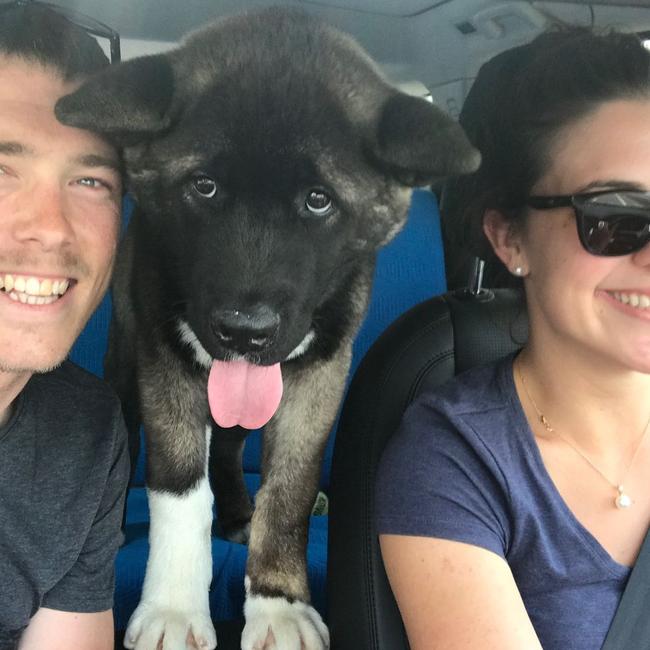 Rohan Dennis and Melissa Hoskins posing for a shot with a puppy.