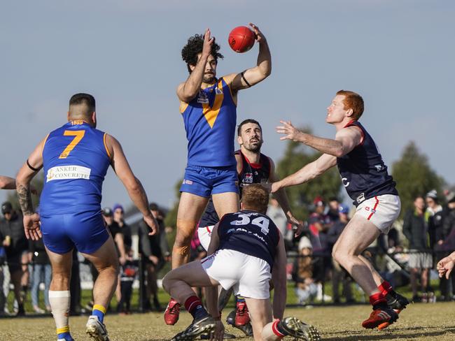 SFNL football  Division 1: Cranbourne v Springvale Districts. Kirk Dickson (Cranbourne Eagles) and John Walker (Springvale Districts). .  Picture: Valeriu Campan