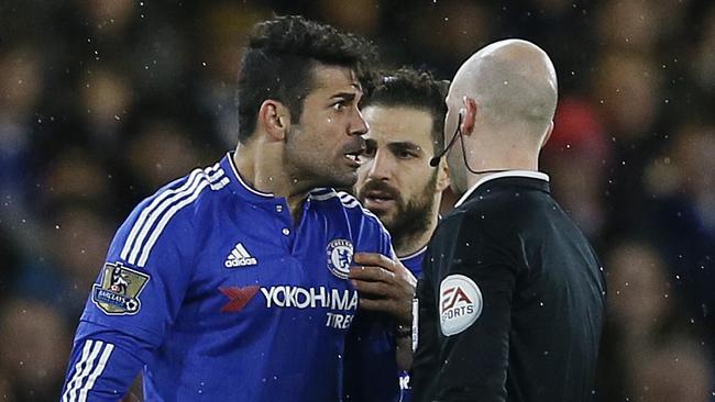 Chelsea's Diego Costa talks to the referee.