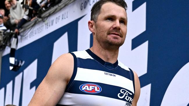 MELBOURNE, AUSTRALIA - SEPTEMBER 21: Patrick Dangerfield (c) of the Cats leads the team out during the AFL Preliminary Final match between Geelong Cats and Brisbane Lions at Melbourne Cricket Ground, on September 21, 2024, in Melbourne, Australia. (Photo by Quinn Rooney/Getty Images)