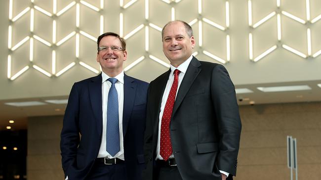 Westpac chief Peter King and his most recent executive hire, CFO Michael Rowland. Picture: Jane Dempster/The Australian.