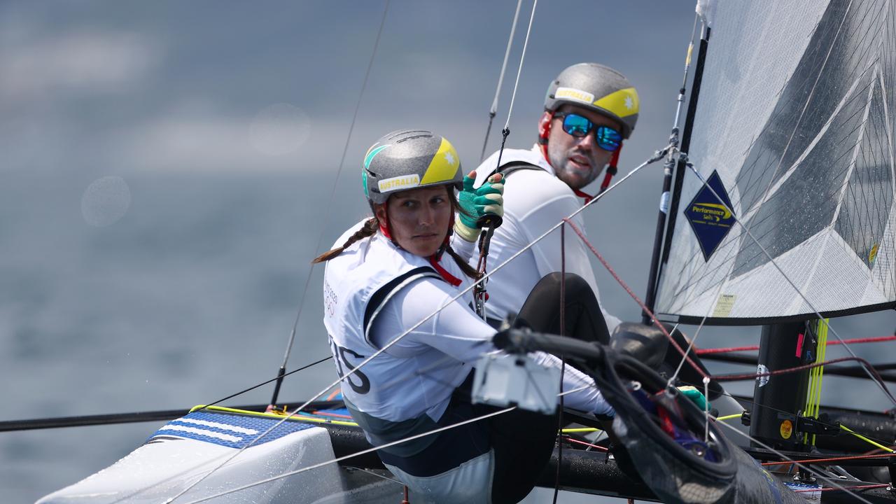 Jason Waterhouse and Lisa Darmanin competing in the Nacra 17 foiling class at the Tokyo 2020 Olympic Games.