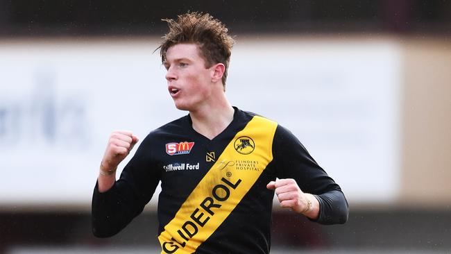 Lachlan Hosie celebrates a goal for Glenelg. Could he be AFL bound? Picture: AAP/Mark Brake