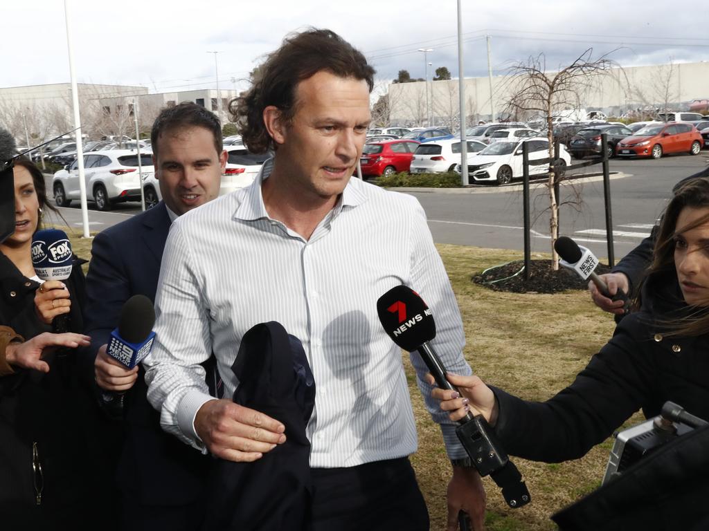 A large media contingent, on Monday, greeted Essendon boss Xavier Campbell at The Hangar. Picture: Getty Images