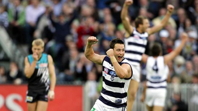 Cats superstar Jimmy Bartel celebrates Geelong’s record grand final win against Port Adelaide.