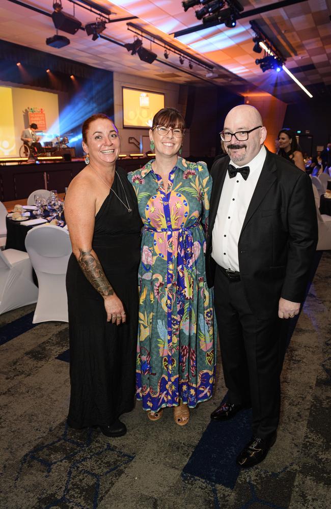 At the Business disAbility Awards of Australia are (from left) Ellie Dunn, Jade Morgan and Andrew Nipperess at Edmund Rice Cultural Centre, Saturday, May 17, 2025. Picture: Kevin Farmer