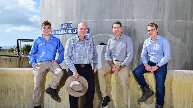 Joel Lenton, Geoff Whebell, Treasurer Cameron Dick and Nicholas Whebell from the Cleveland Bay Chemical Company, at the Cleveland Bay Chemical Company's Townsville facility. Picture: Shae Beplate.