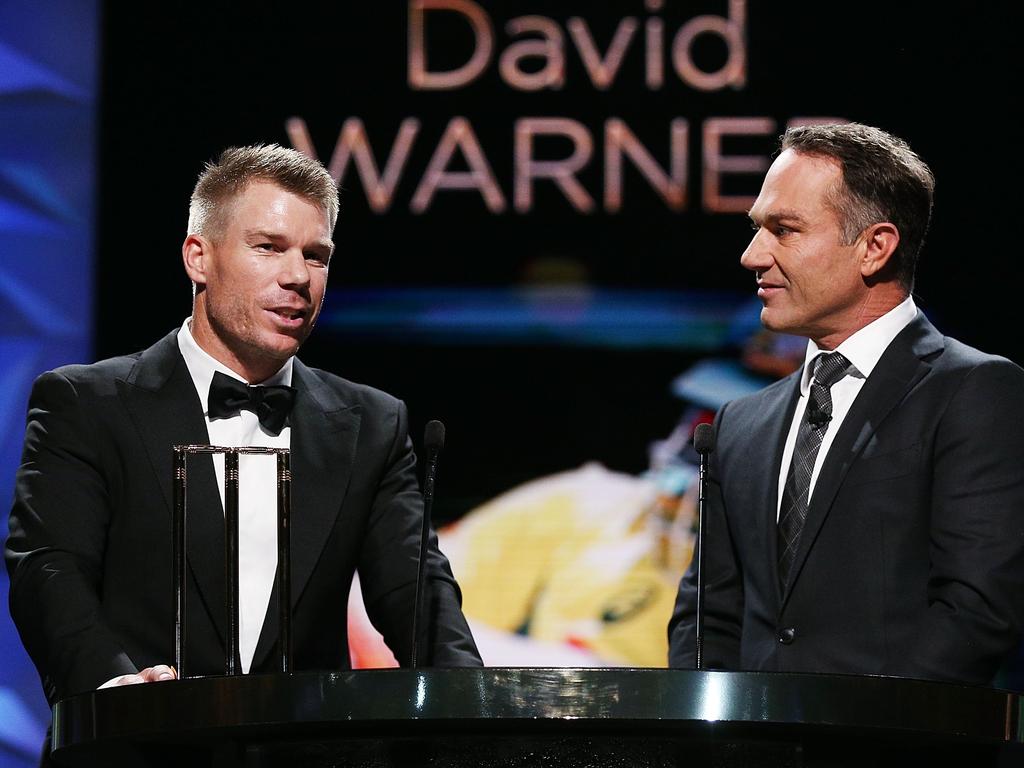 David Warner speaks next to Host Michael Slater at the 2018 Allan Border Medal.