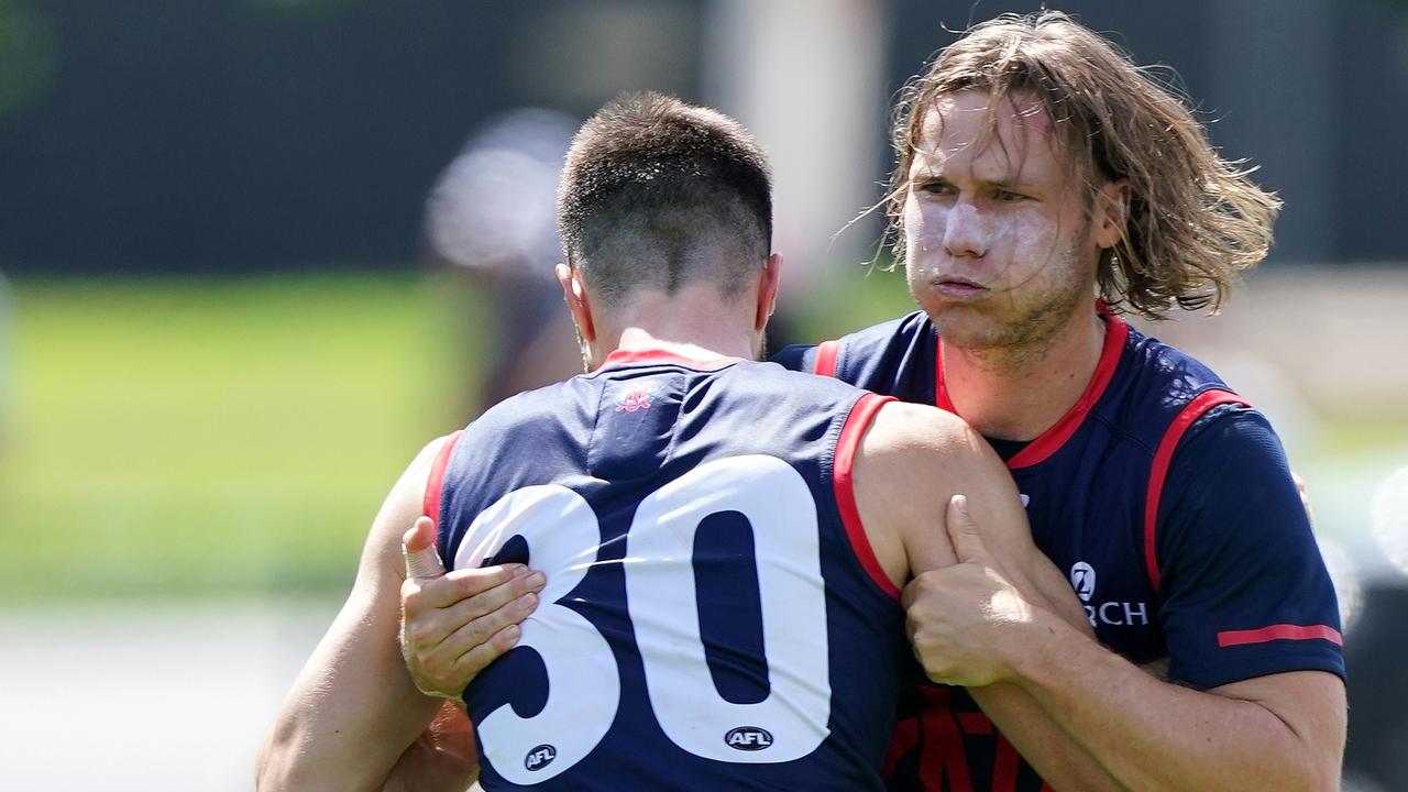 Ed Langdon and Alex Neal-Bullen at Melbourne training on Monday. Picture: Sean Garnsworthy/AAP