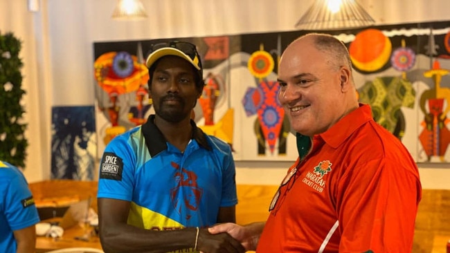 Former Waratah president Simon Matthias with star cricketer Udara Weerasinghe