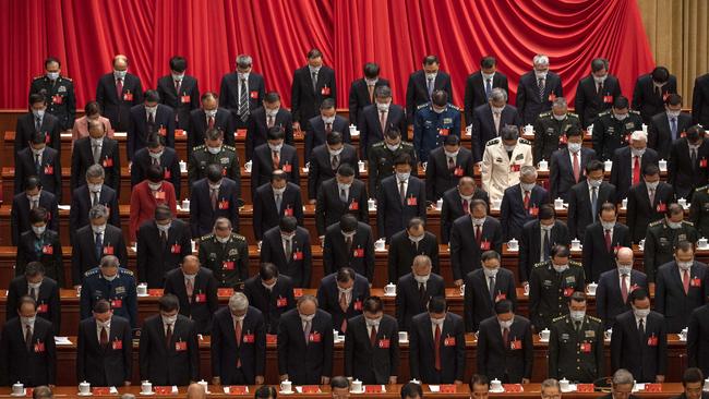 Members of the government observe a minute’s silence for Mao Zedong at the opening ceremony of the 20th National Congress of the Communist Party of China at The Great Hall of People in October in 2022 in Beijing. Picture: Getty Images