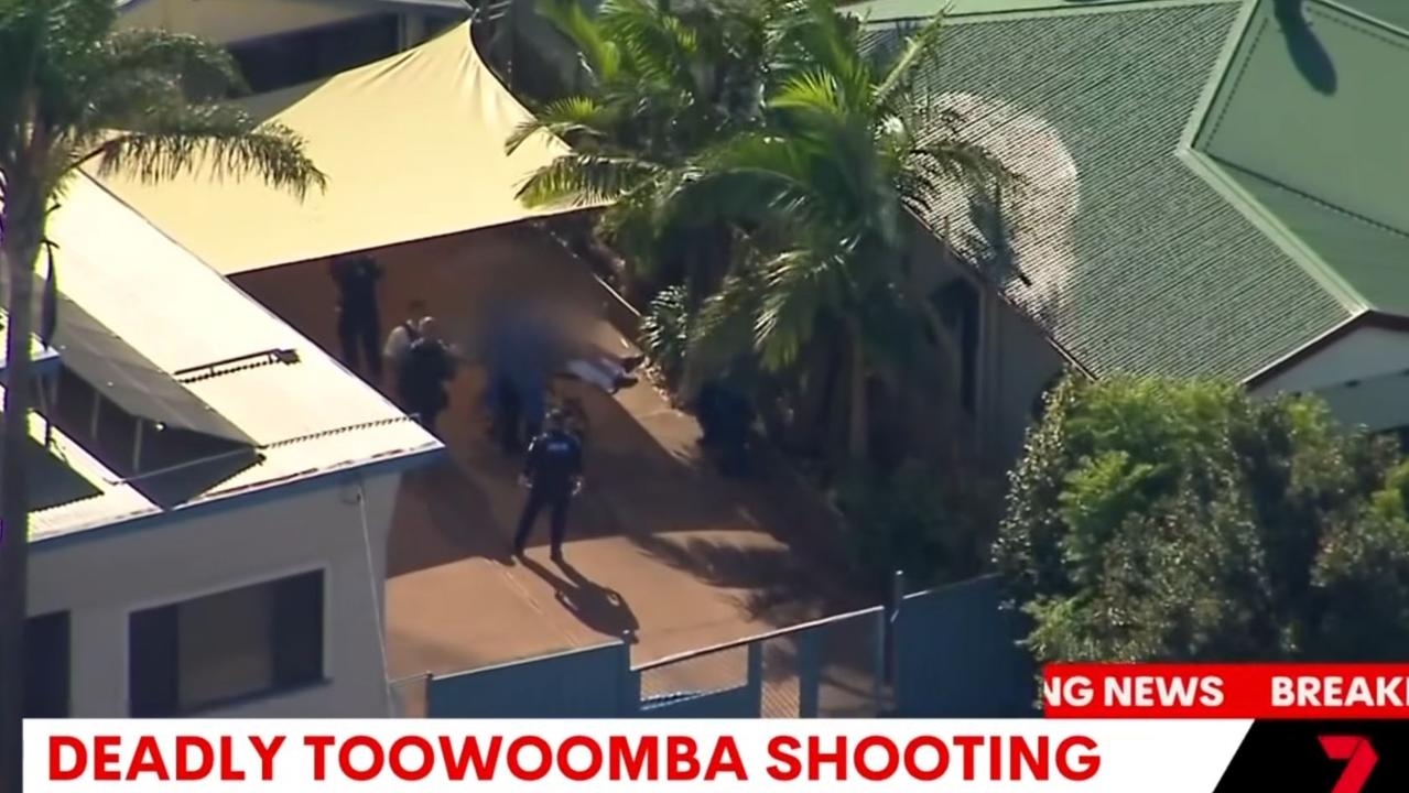 Aerial footage, courtesy of 7News, of the property related to the North Toowoomba shooting.