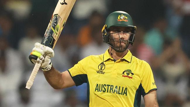 MUMBAI, INDIA - NOVEMBER 07: Glenn Maxwell of Australia celebrates his 150 during the ICC Men's Cricket World Cup India 2023 between Australia and Afghanistan at Wankhede Stadium on November 07, 2023 in Mumbai, India. (Photo by Robert Cianflone/Getty Images)